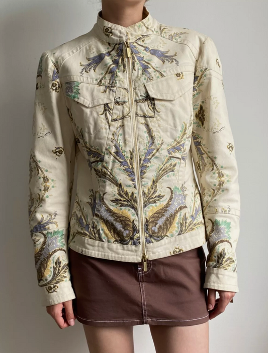 Chaqueta vaquera vintage Roberto Cavalli años 00 y2k para mujer con estampado paisley fabricada en Italia