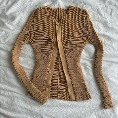 Issey Miyake Women's Tan Spongy Buttoned Cardigan Sweater Size 2