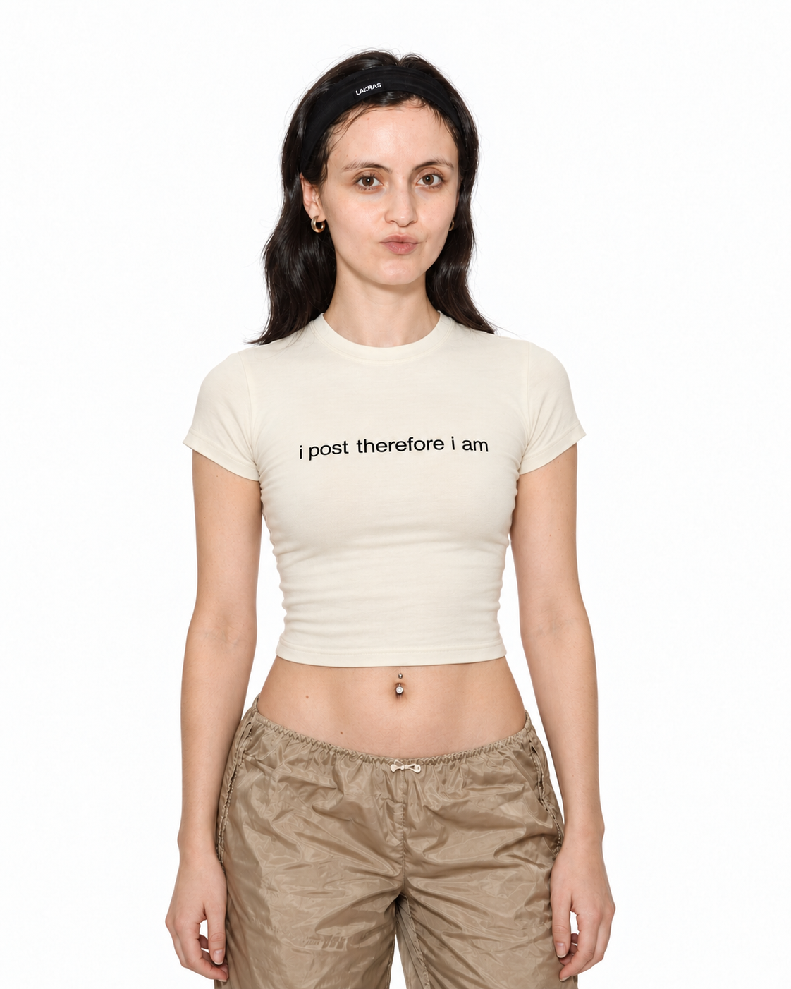 Model wearing I Post Therefore I Am cream baby tee, front view